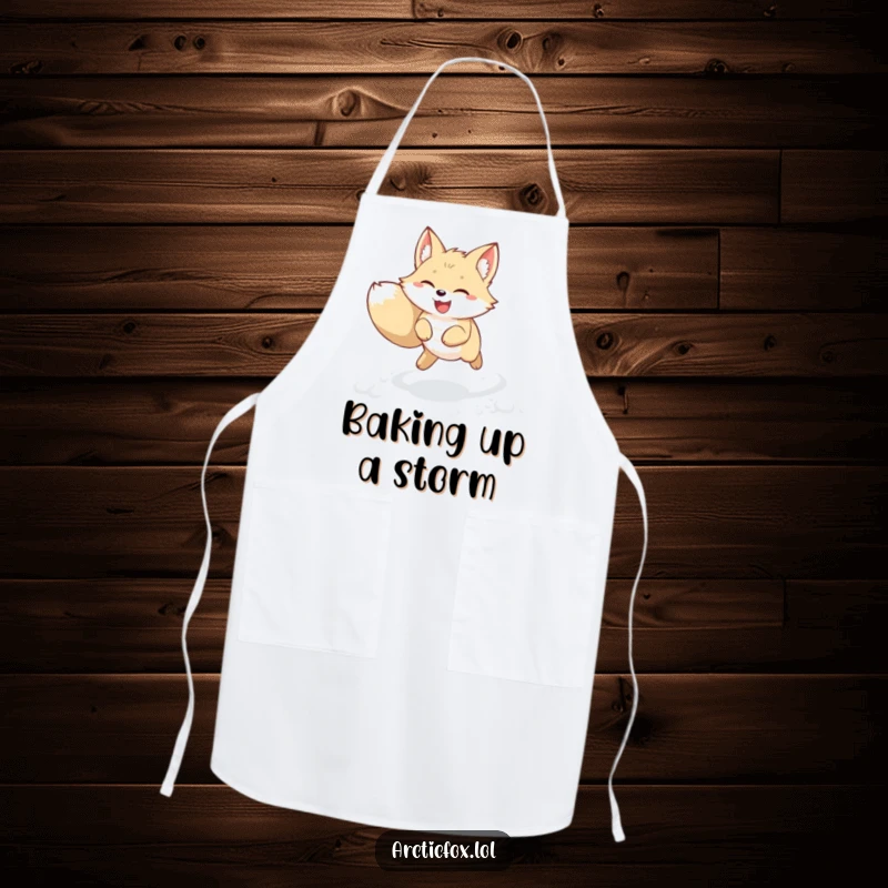 Funny kawaii arctic fox apron showing a joyful creature leaping through fresh snow with perked ears. Cute and humorous kitchen wear, perfect funny gift.