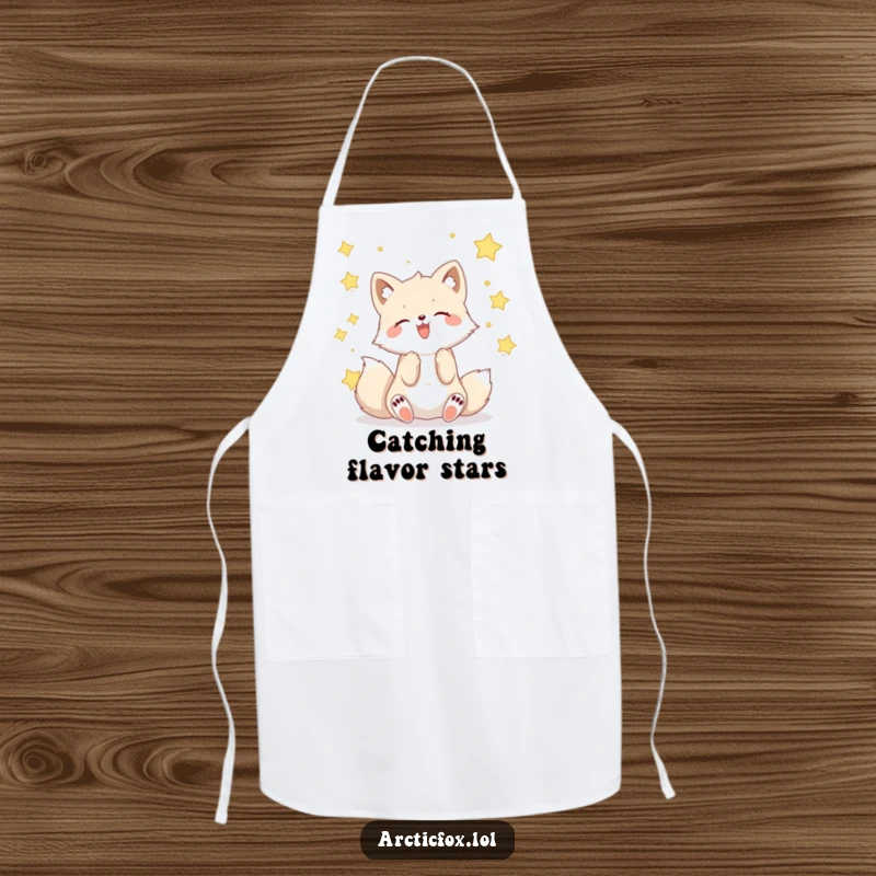 Funny Kawaii arctic fox catching falling stars, a humorous and functional apron.