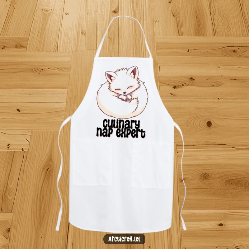 Funny apron design with a fluffy Arctic fox curled into a happy ball, ready to assist in the kitchen with cozy charm.