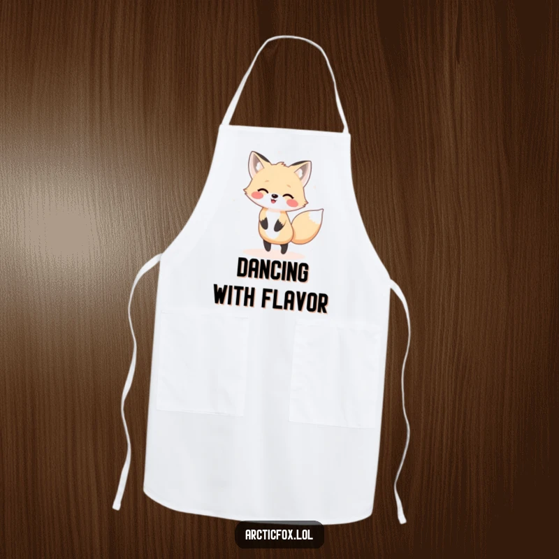 Funny Kawaii arctic fox dancing in snow, a humorous and functional apron.