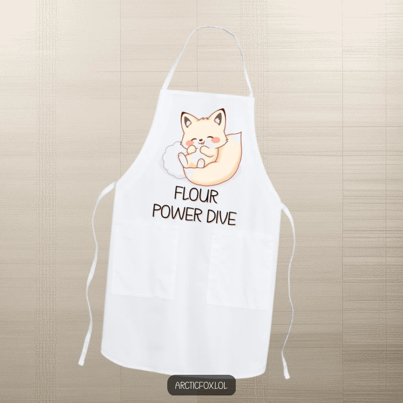 Funny apron displaying an arctic fox joyfully rolling onto its back in a soft, fluffy drift of snow.