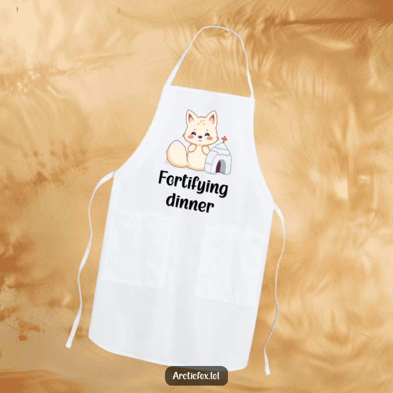 Funny Kawaii arctic fox building a snow fort, a humorous and functional apron.