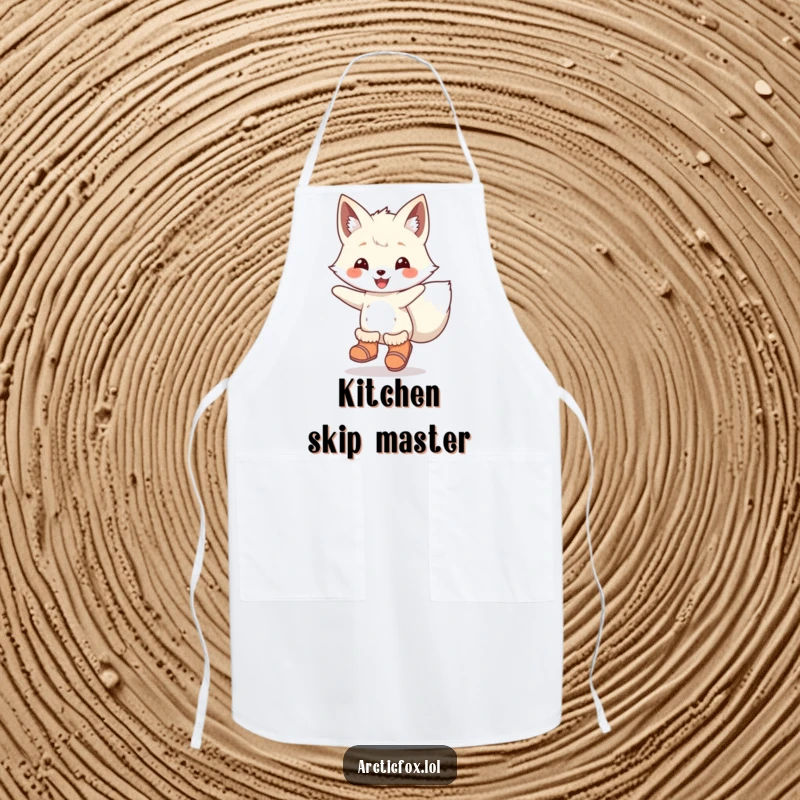 Funny Apron: An arctic fox character wearing boots, joyfully leaping, perfect for adding energetic humor to kitchen wear.