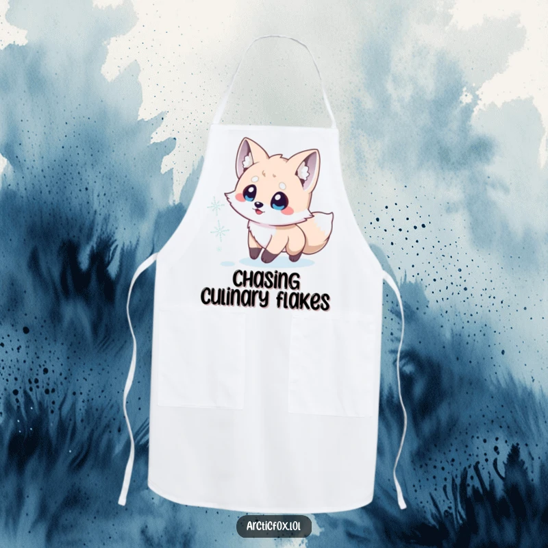 Funny Arctic Fox Apron: Cute Arctic fox with wide eyes enthusiastically chases a snowflake, adding charm to your kitchen.