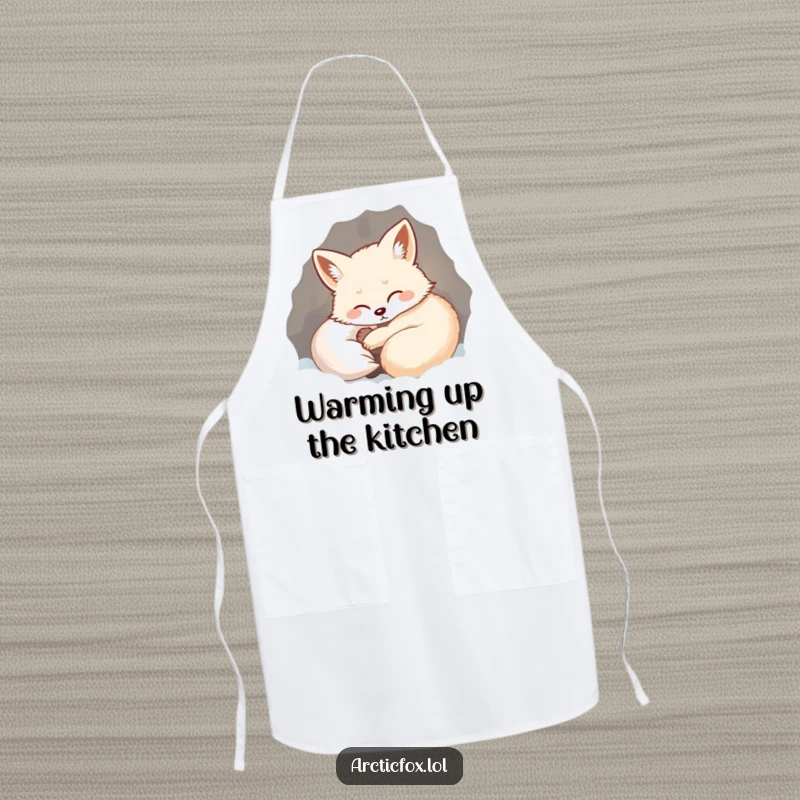 Funny apron with a depiction of a happy arctic fox curled in a warm, snowy den, sighing with contentment.