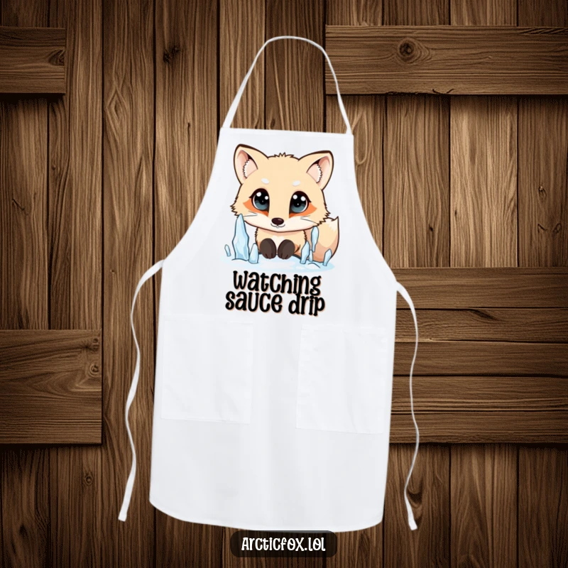 Funny Arctic fox apron, wide curious eyes, looking at falling icicles, kitchen curiosity, practical and charming, a delightful funny gift.