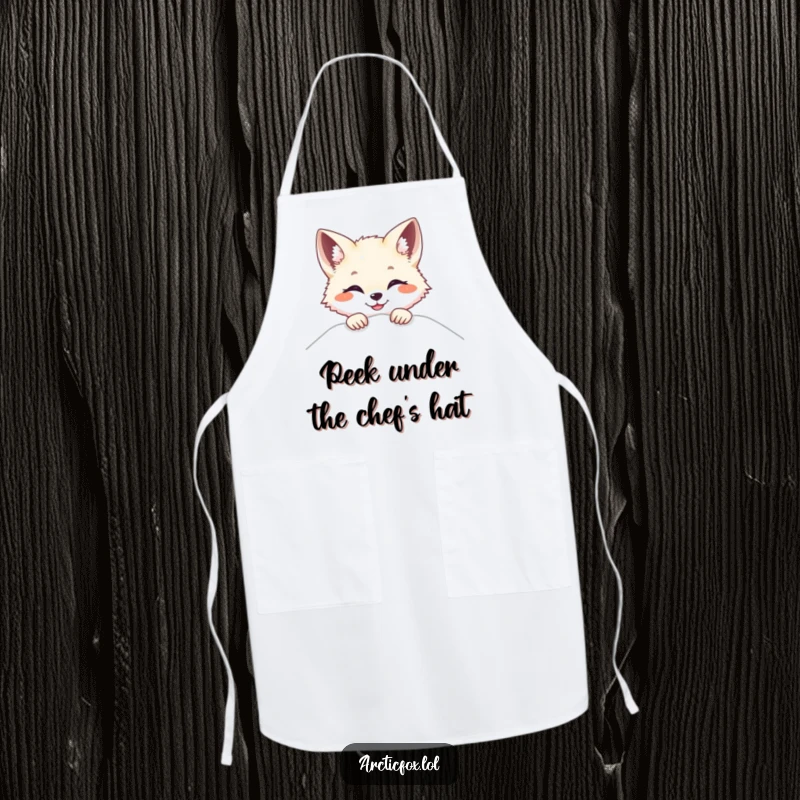 Funny Arctic fox apron peeking over snow with a bright smile, perfect for kitchen fun and surprises.