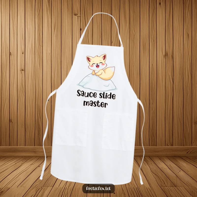 Funny arctic fox apron, hilariously sliding and laughing down an icy hill, perfect for a fun kitchen experience.