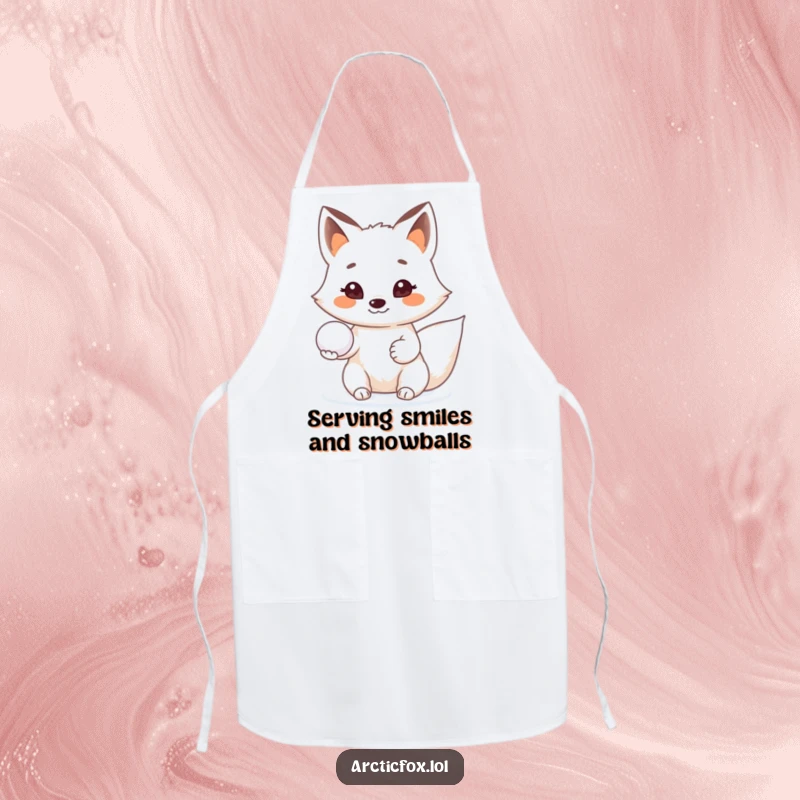 Funny Arctic fox apron offering a snowball with a beaming smile, perfect for kitchen fun and friendship.
