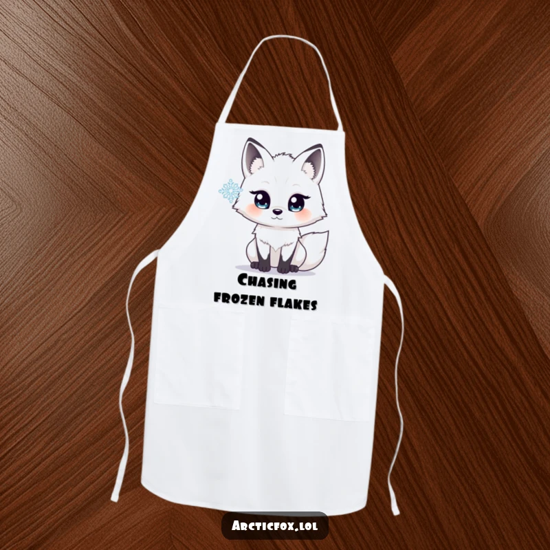 Funny apron displaying an arctic fox with wide, bright eyes, looking with fascination at a single delicate snowflake.