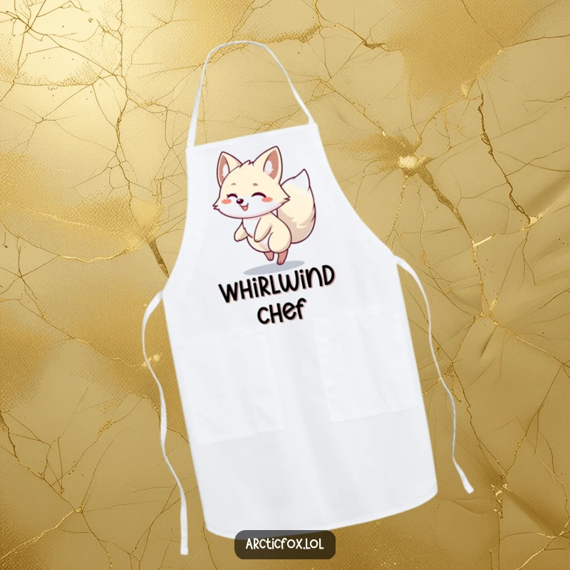 Funny Arctic Fox Spin Apron: An Arctic fox character happily spinning with its bushy tail, adding fun and cheer to kitchen tasks.