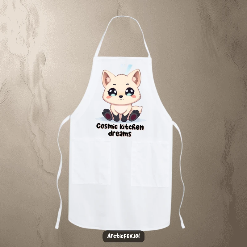 Funny arctic fox with wide eyes gazing at a spectacular aurora borealis, featured on a charming kitchen apron.