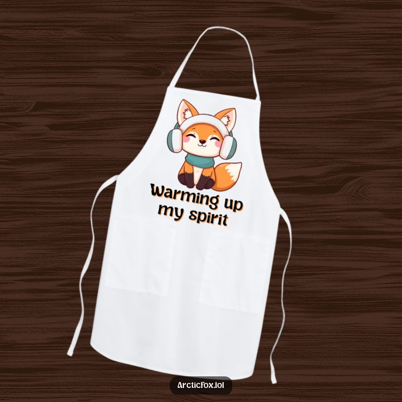 Funny Apron: A content fox character wearing earmuffs, looking cheerful while cooking, adding humor to kitchen wear.