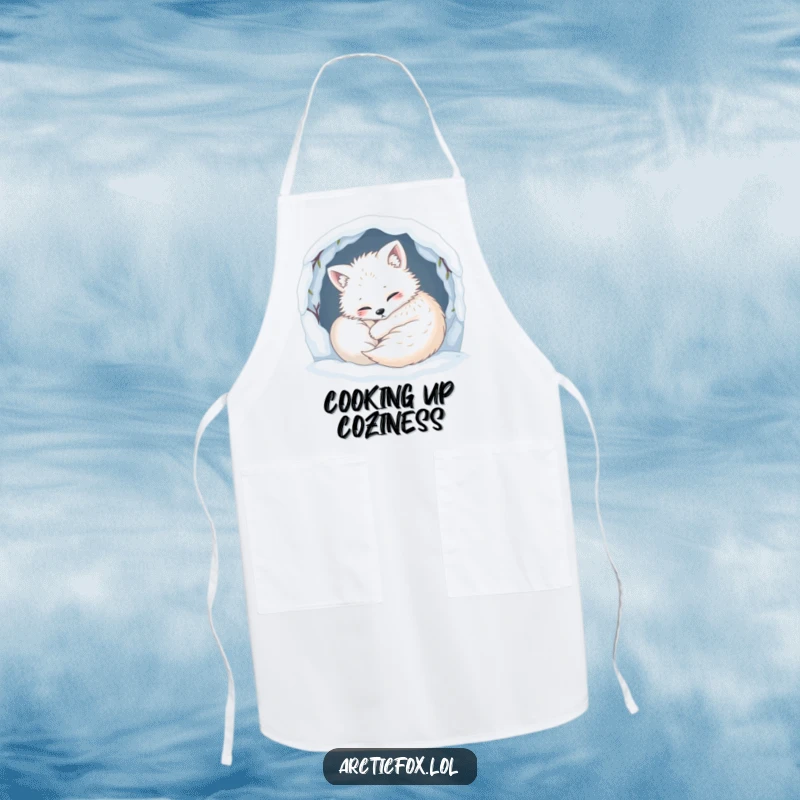 Funny Apron: A content arctic fox humorously curls up snugly in its snowy den, perfect for a cozy kitchen experience.