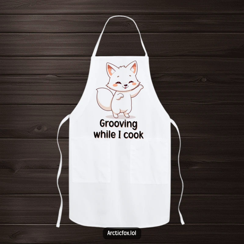 Funny Arctic fox apron, ready to dance in the kitchen with a wagging tail, bringing humor to cooking.