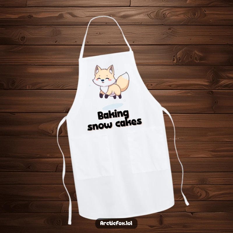 Funny happy arctic fox in a joyful leap across snowy ground, featured on a practical kitchen apron.