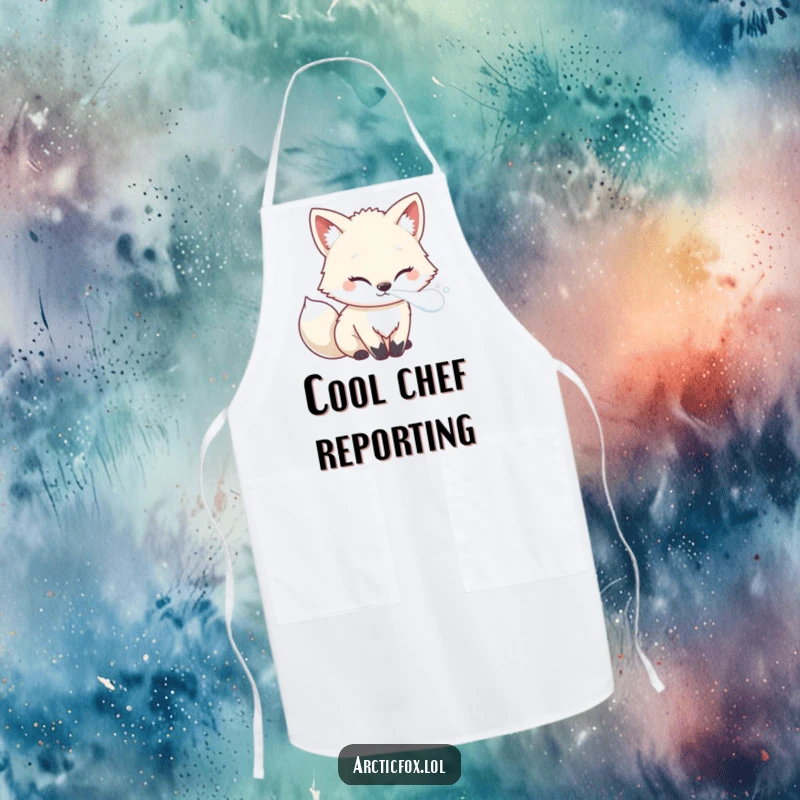 Funny Kawaii Arctic Fox Apron, showing frosty breath, perfect for humorous cooking and kitchen activities.