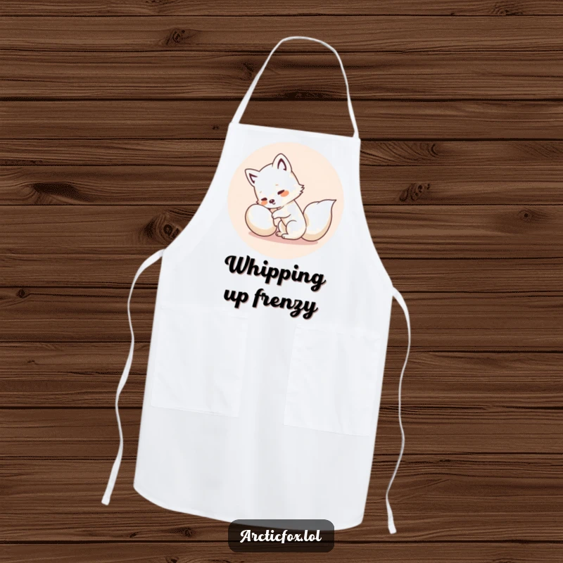 Funny Kawaii Arctic Fox Apron: Adorable white fox humorously chasing its tail, making kitchen time a fun, comical experience.