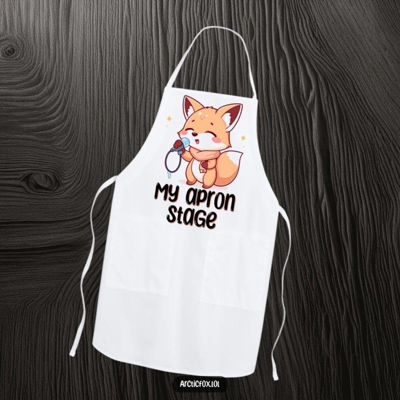 Funny Apron: A fox energetically singing into an icicle microphone, perfect for adding musical humor to kitchen wear.