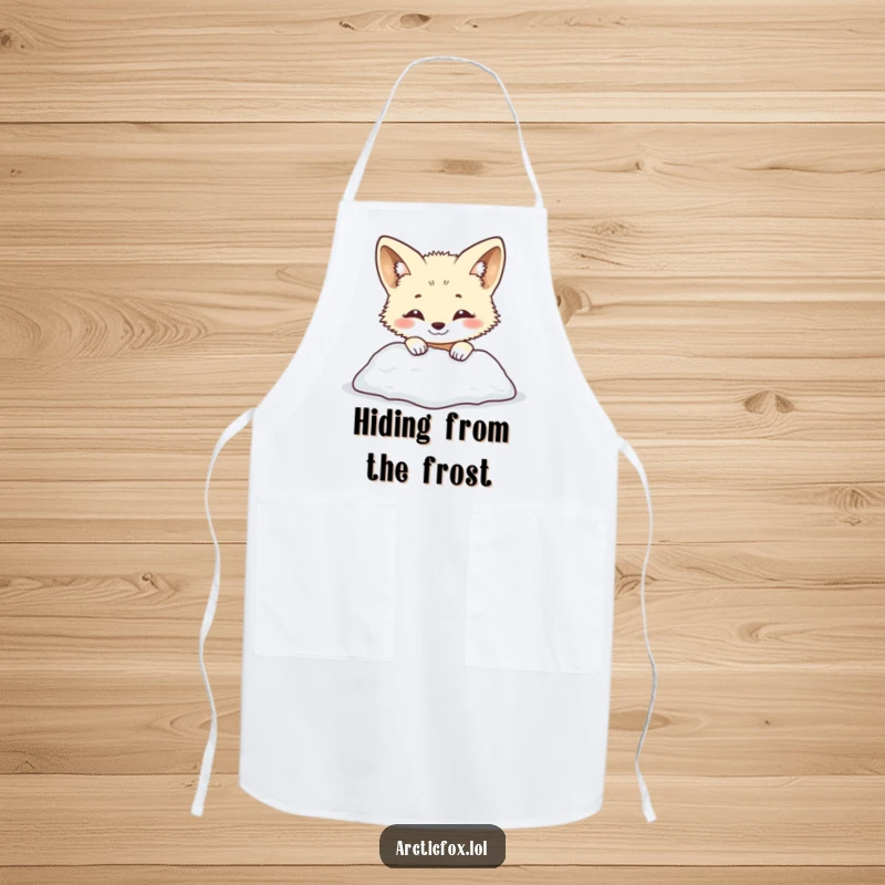Funny arctic fox apron showing a smiling creature playfully peeking from behind a snowy mound. Cute and humorous kitchen wear, perfect funny gift.