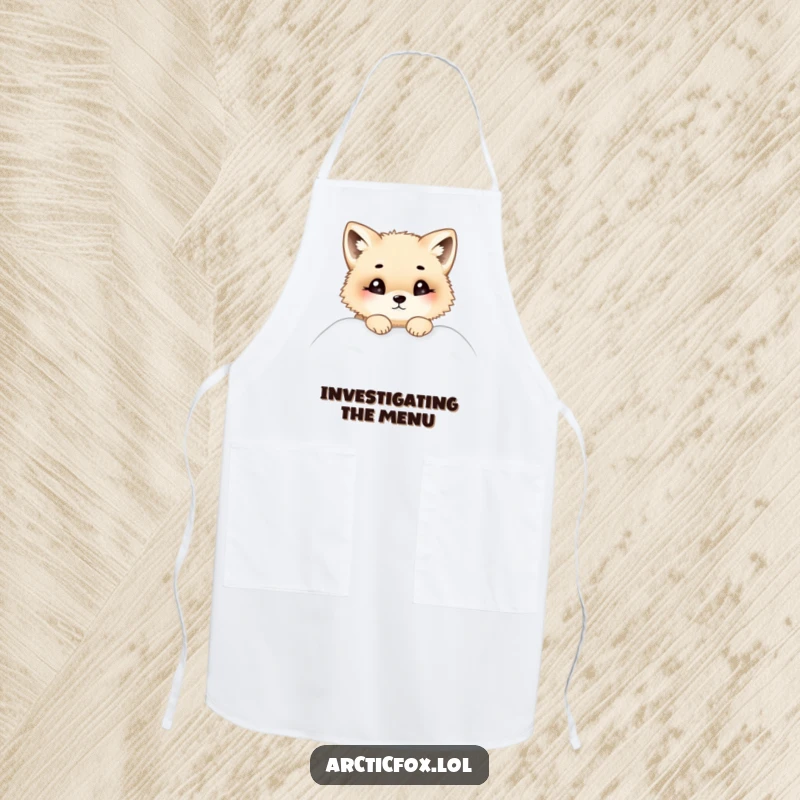 Funny apron depicting a chubby Arctic fox curiously peeking from a snowdrift, ready to help in the kitchen with a delightful expression.