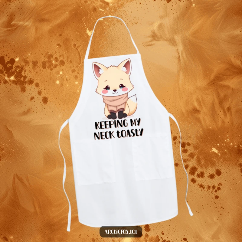 Funny kawaii arctic fox wearing a tiny cozy scarf and smiling, designed on a practical and cute kitchen apron.