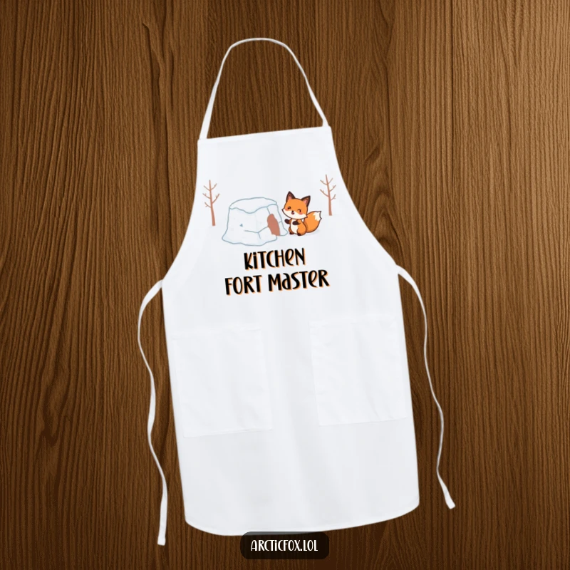 Funny Apron: A happy fox comically building a shaky snow fort, perfect for adding humor to kitchen wear.