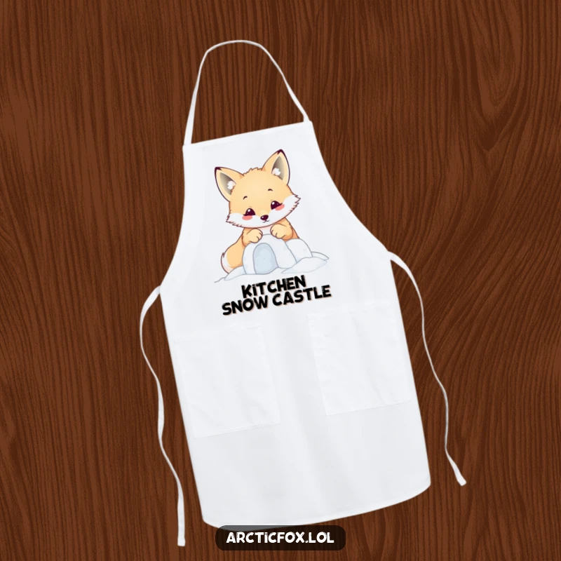 Funny kawaii arctic fox building a small snow fort with its paws, shown on a cute kitchen apron.