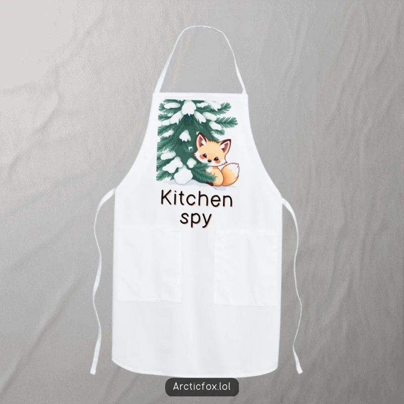 Funny arctic fox apron showing a curious creature peeking from behind a snow-dusted evergreen, perfect for playful kitchen activities.