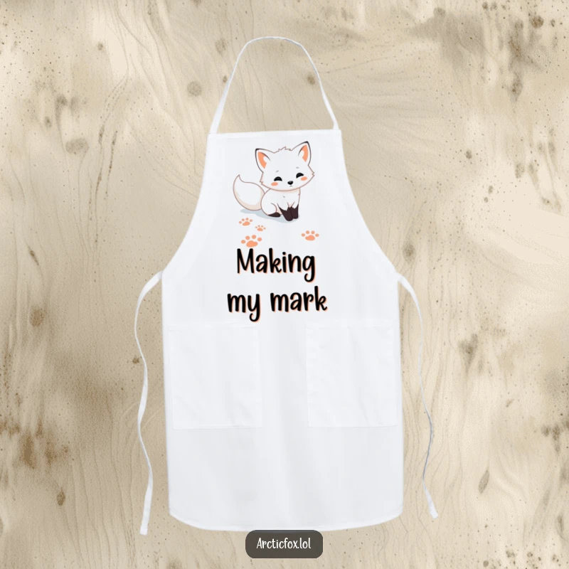 Funny cute Arctic fox apron, illustrating playful paw prints in the snow, perfect for adding arctic fun to kitchen tasks.