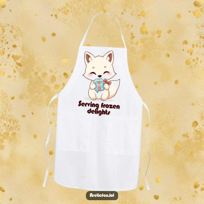 Funny Kawaii Arctic Fox Apron: Cute white fox humorously offering a shiny icicle like a gift, making kitchen time fun and festive.