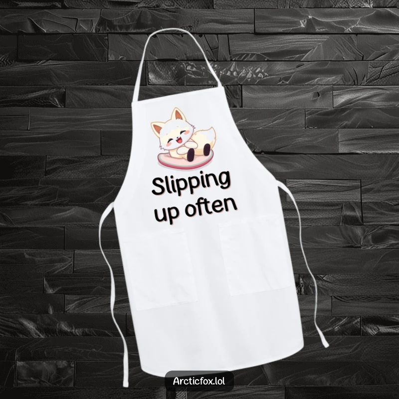 Funny arctic fox apron showing a happy creature sliding down a snowy hill on its belly, perfect for cheerful kitchen activities.