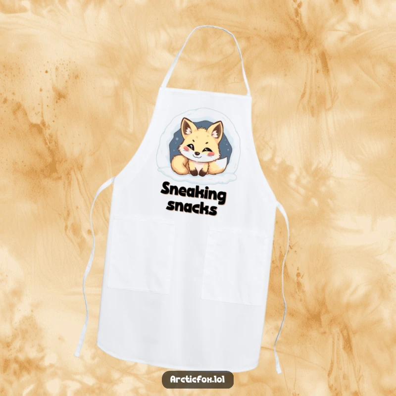 Funny Arctic fox apron, mischievous grin, peeking from snowy den, cooking humor, practical and funny gift for chefs.