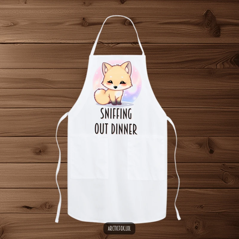 Funny Kawaii arctic fox apron featuring a cute fox curiously sniffing a colorful aurora.