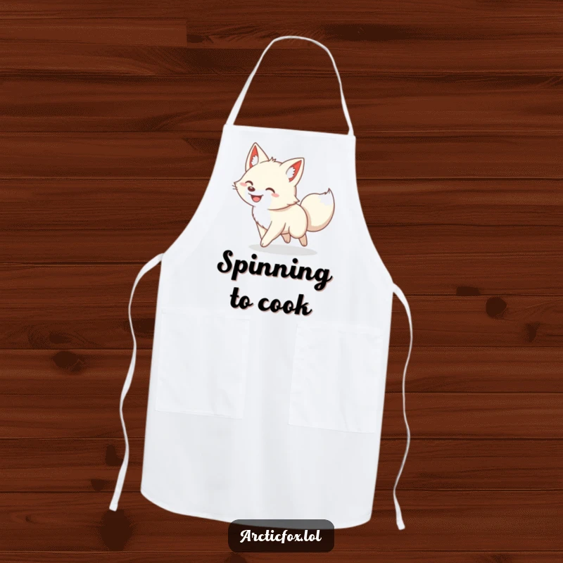 Funny apron displaying a joyful arctic fox with a wide grin, comically chasing its own tail in a silly loop.