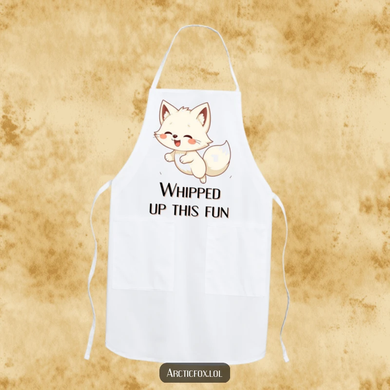 Funny Kawaii arctic fox pouncing playfully on wind, a humorous and functional apron for culinary fun.