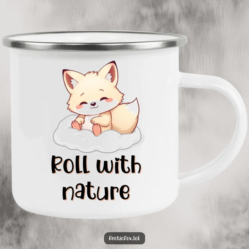 Arctic fox happily rolling in soft white powder, on a durable camping mug, ideal for outdoor fun.