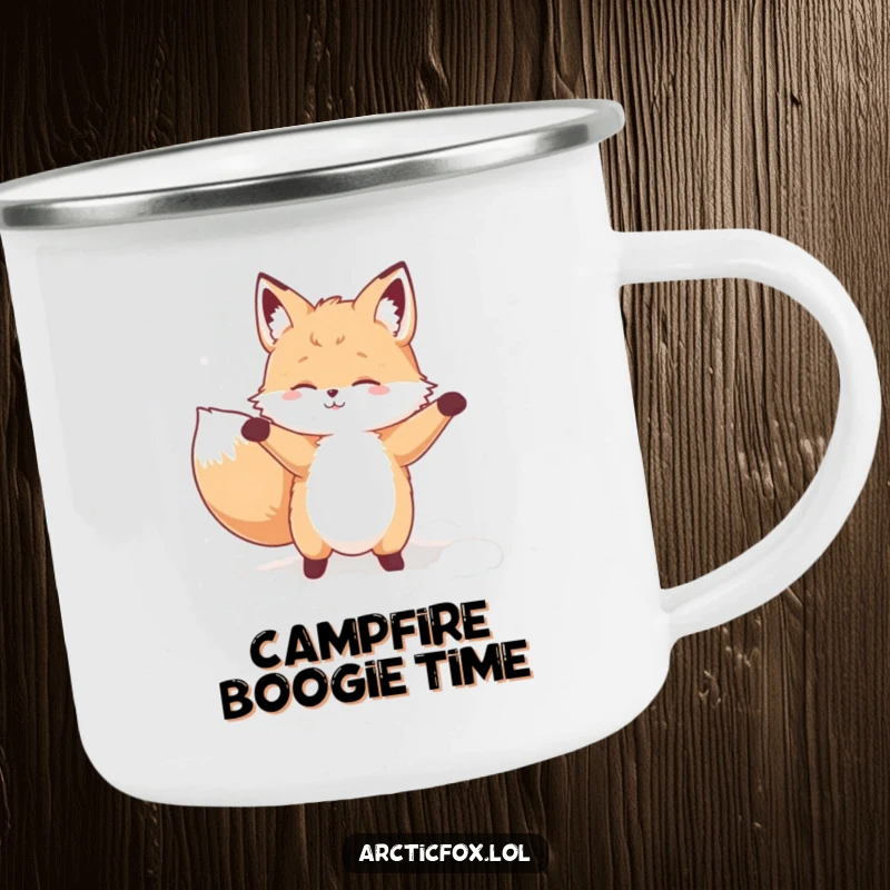 Funny camping mug showcasing a fluffy fox character doing a silly dance in a pile of soft snow during an outdoor adventure.