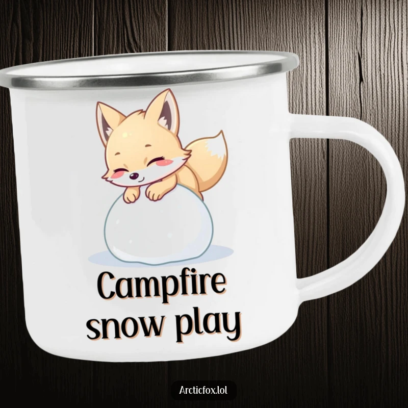 Funny arctic fox camping mug showcasing a playful creature pouncing with delight on a ball of soft snow, perfect for energetic outdoor moments.