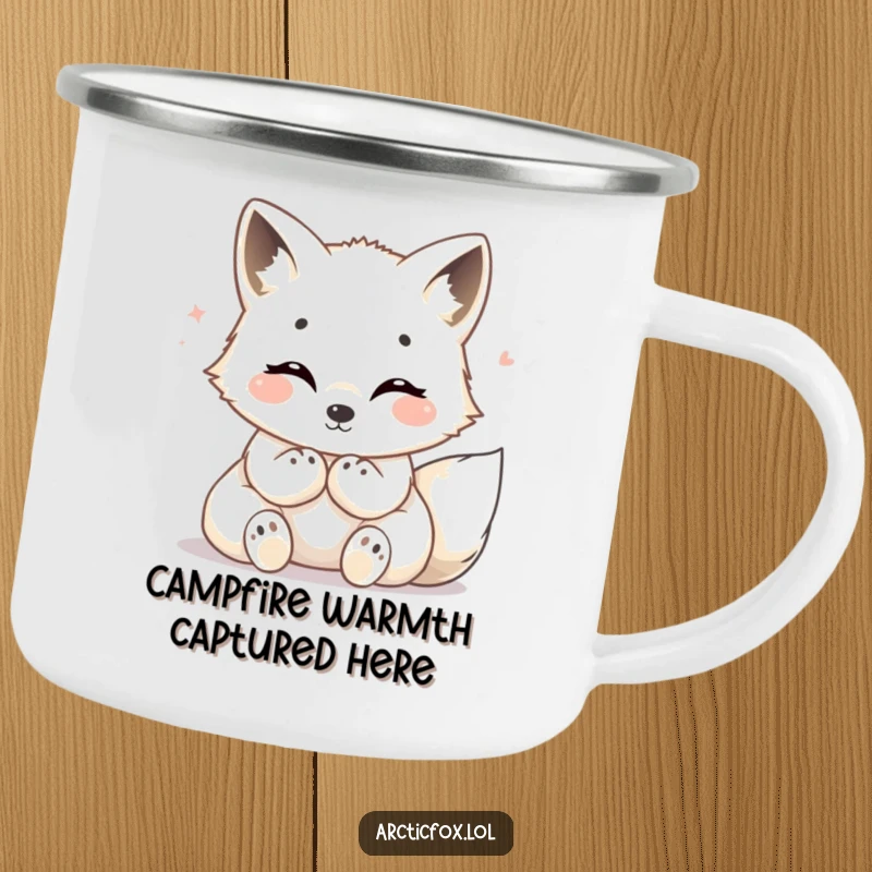 Funny Arctic fox camping mug, showing a happy fox with tucked paws radiating cozy warmth, ideal for outdoor use.