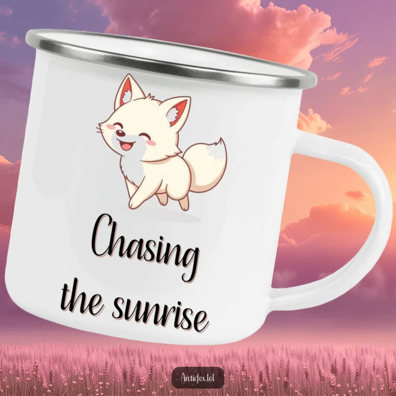 Funny camping mug featuring a joyful arctic fox with a wide grin, comically spinning while chasing its own tail.