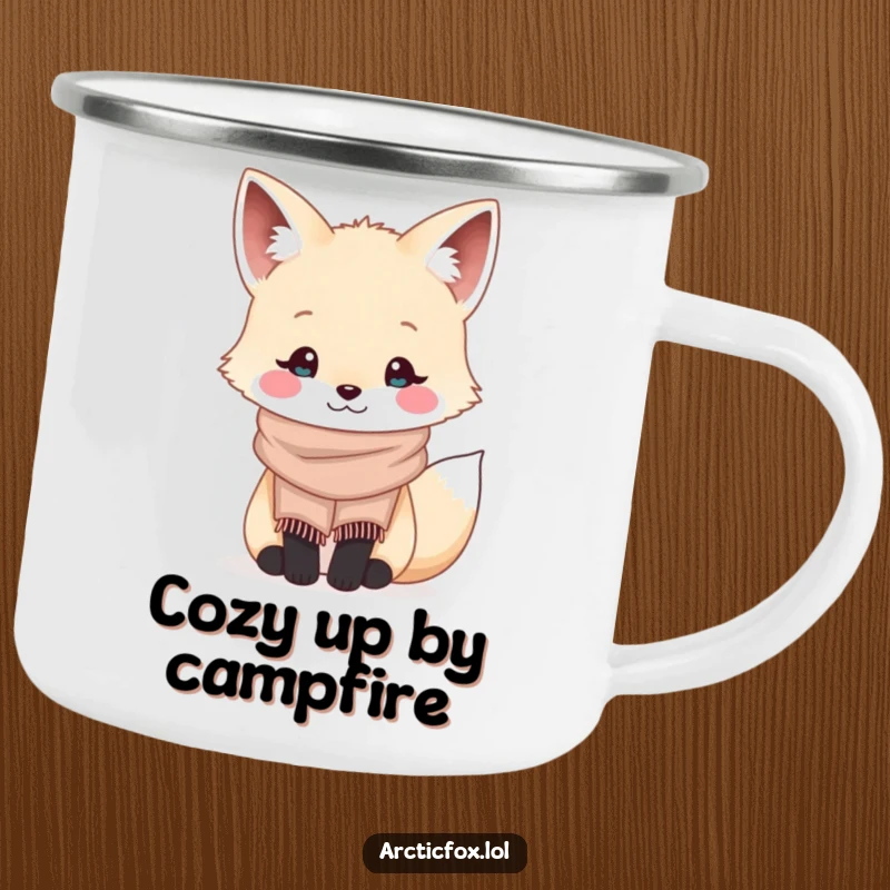 Funny kawaii arctic fox wearing a tiny cozy scarf and smiling, on a rugged and portable camping mug.