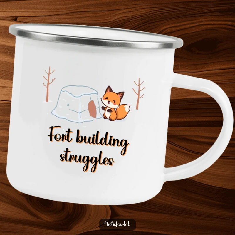 Funny Camping Mug: A joyful fox comically building a shaky snow fort, perfect for outdoor drinks and winter humor.