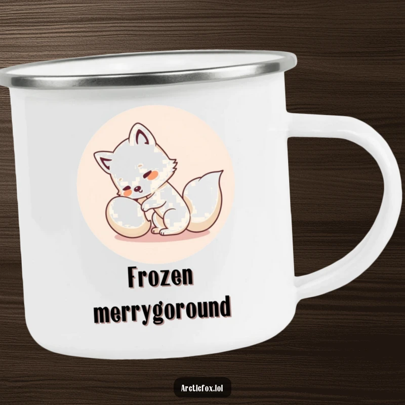 Funny Kawaii Arctic Fox Camping Mug: Durable mug with a cute white fox humorously spinning, ready for outdoor fun and laughter.