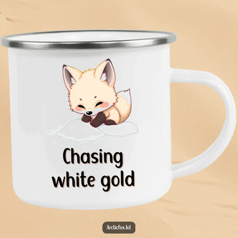 Funny adorable arctic fox camping mug, showing playful digging in snow, perfect for cute outdoor enjoyment.