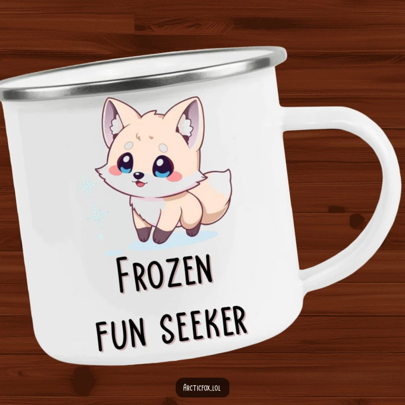 Funny Arctic Fox Camping Mug: A cute Arctic fox with wide, excited eyes chases a snowflake, perfect for outdoor use.