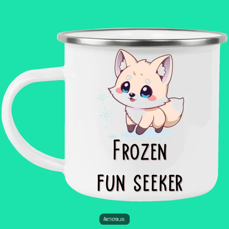 Funny Arctic Fox Camping Mug: Cozy Snowflake Chase, Perfect Outdoor Adventure Gift