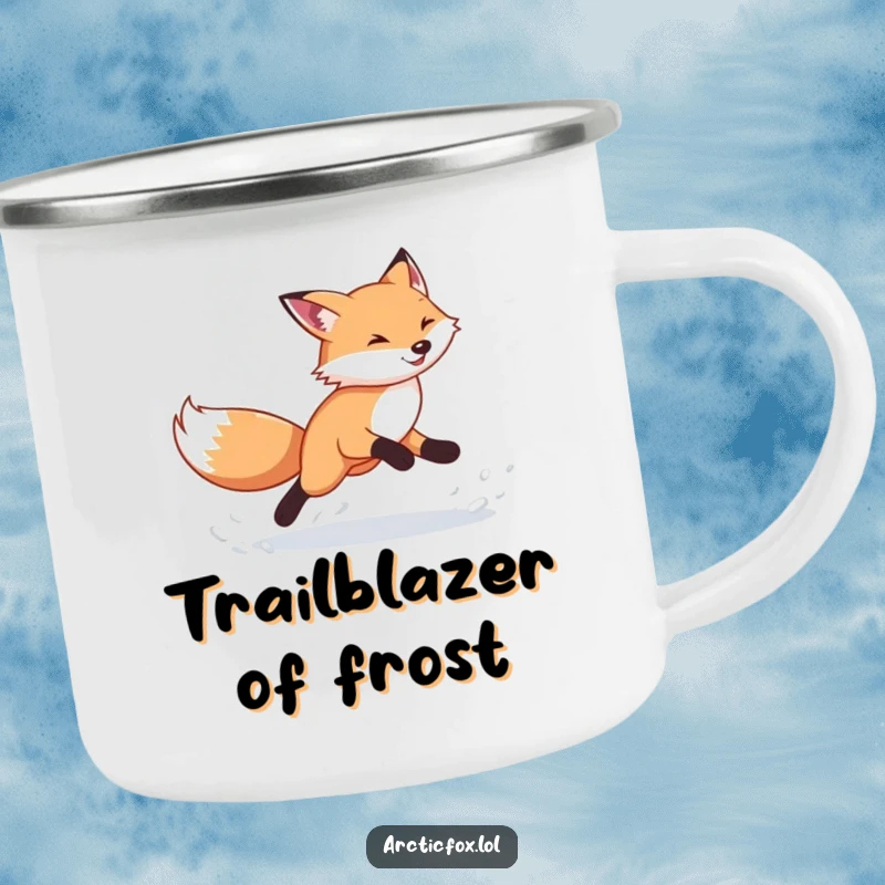 Funny Arctic Fox Camping Mug: An energetic fox kicking snow, perfect for adventures, a durable and funny gift for outdoor lovers.