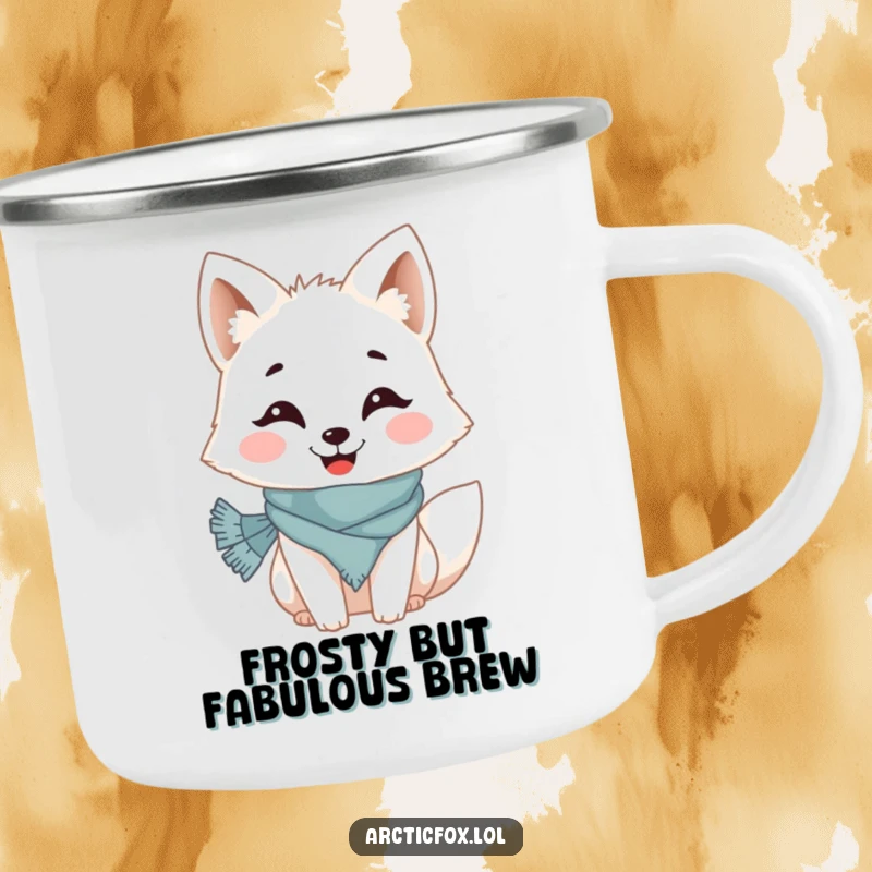 Funny camping mug with a cheerful Arctic fox character wearing a small scarf and sporting a wide, happy grin, ready for the wilderness.