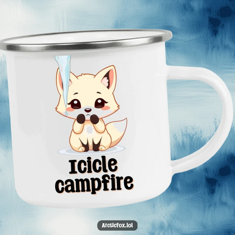Funny arctic fox playfully batting at a dangling icicle with its paw, depicted on a cute camping mug.